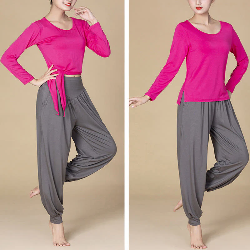 Pantaloni harem a vita alta con tasche, in modal tinta unita, per yoga e danza, Buddha Stones - Image 24