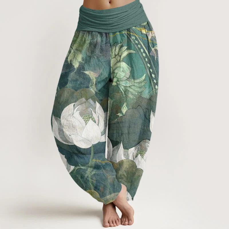 Pantaloni harem casual da donna con elastico in vita, in cotone con motivo a Buddha Stones