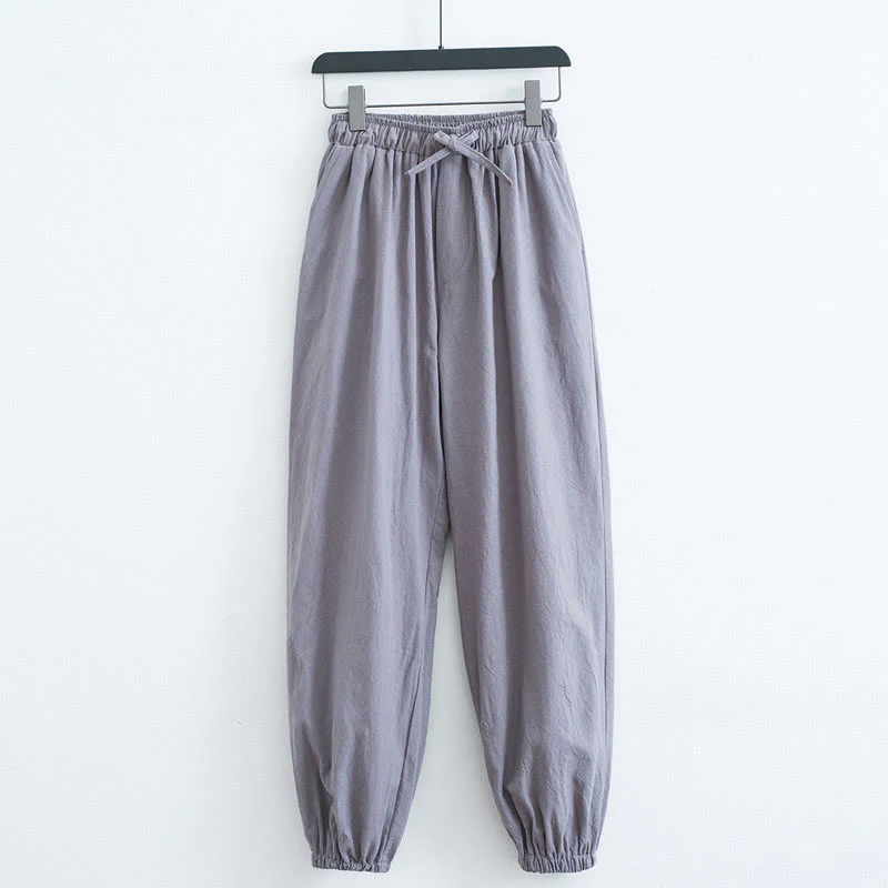 Pantaloni harem casual da uomo in cotone e lino tinta unita con tasche , Buddha Stones - Image 8