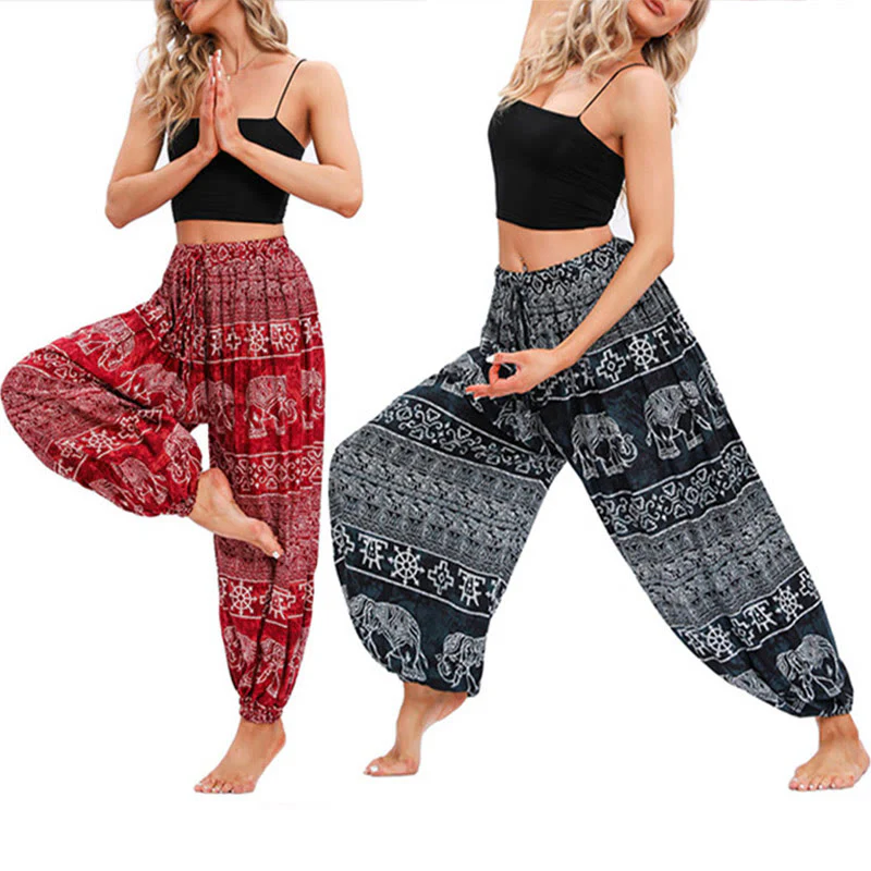 Pantaloni harem casual larghi con motivo geometrico a elefante Buddha Stones, pantaloni da yoga da donna