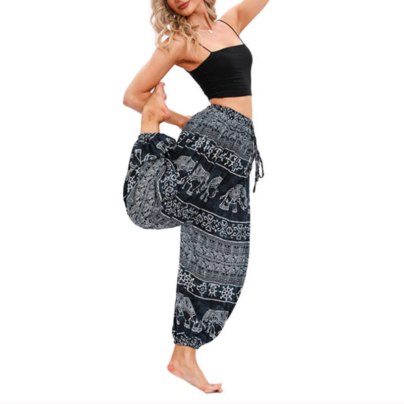 Pantaloni harem casual larghi con motivo geometrico a elefante Buddha Stones, pantaloni da yoga da donna - Image 10