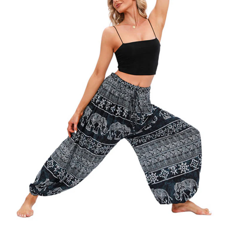 Pantaloni harem casual larghi con motivo geometrico a elefante Buddha Stones, pantaloni da yoga da donna - Image 11