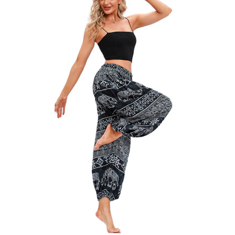 Pantaloni harem casual larghi con motivo geometrico a elefante Buddha Stones, pantaloni da yoga da donna - Image 12