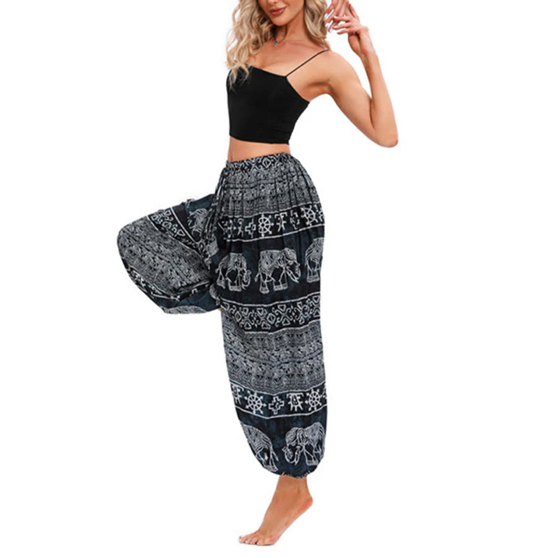 Pantaloni harem casual larghi con motivo geometrico a elefante Buddha Stones, pantaloni da yoga da donna - Image 13