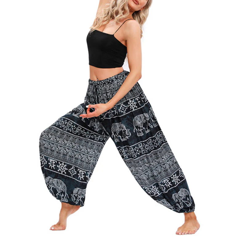 Pantaloni harem casual larghi con motivo geometrico a elefante Buddha Stones, pantaloni da yoga da donna - Image 9