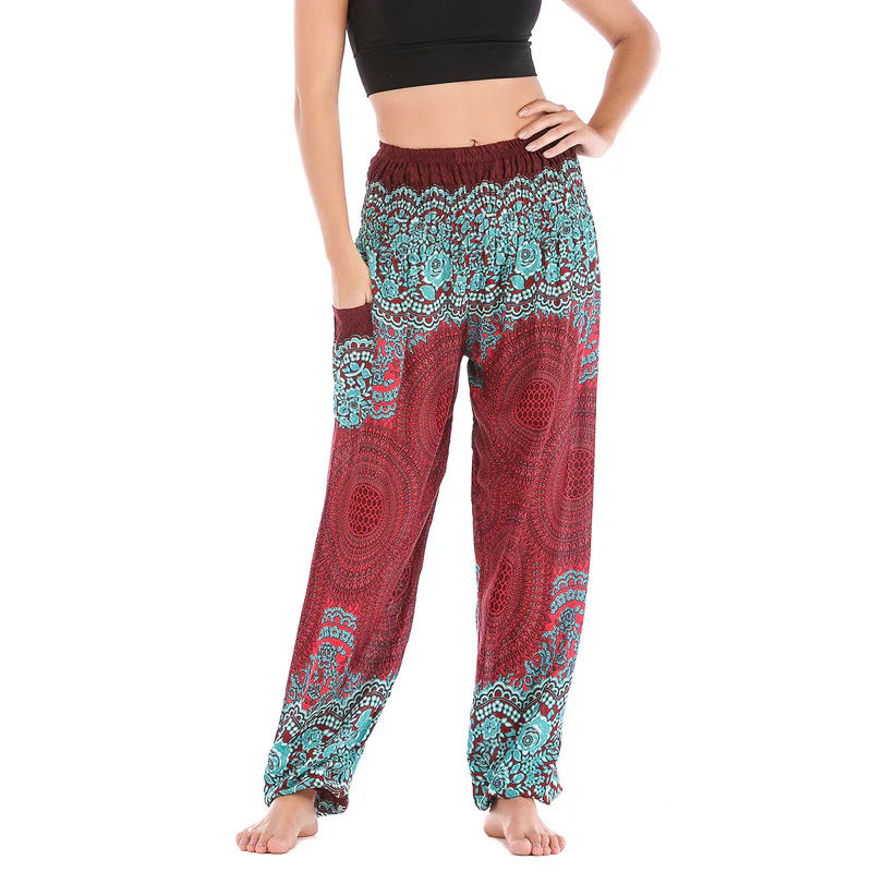 Pantaloni harem casual larghi con motivo geometrico rotondo Buddha Stones, pantaloni da yoga da donna a vita alta