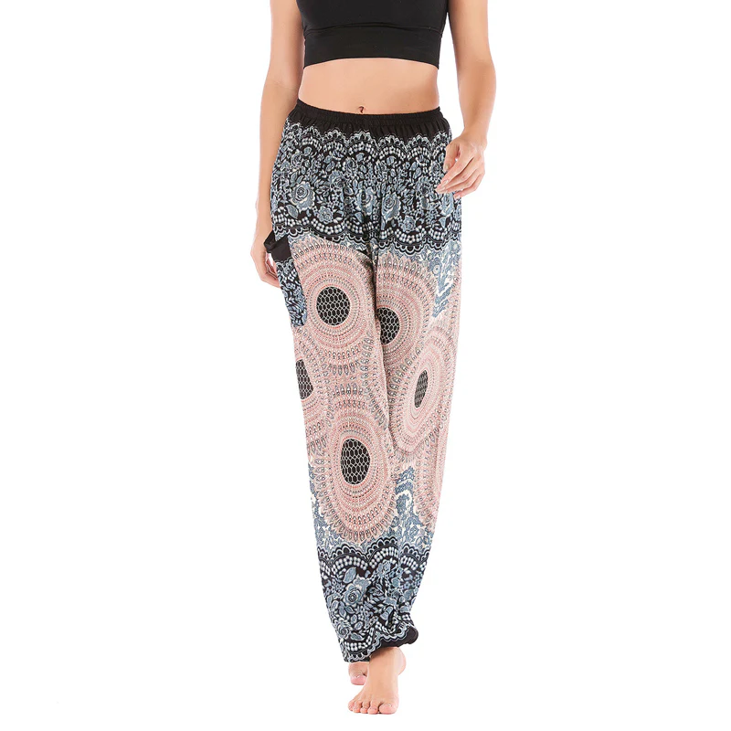 Pantaloni harem casual larghi con motivo geometrico rotondo Buddha Stones, pantaloni da yoga da donna a vita alta - Image 10
