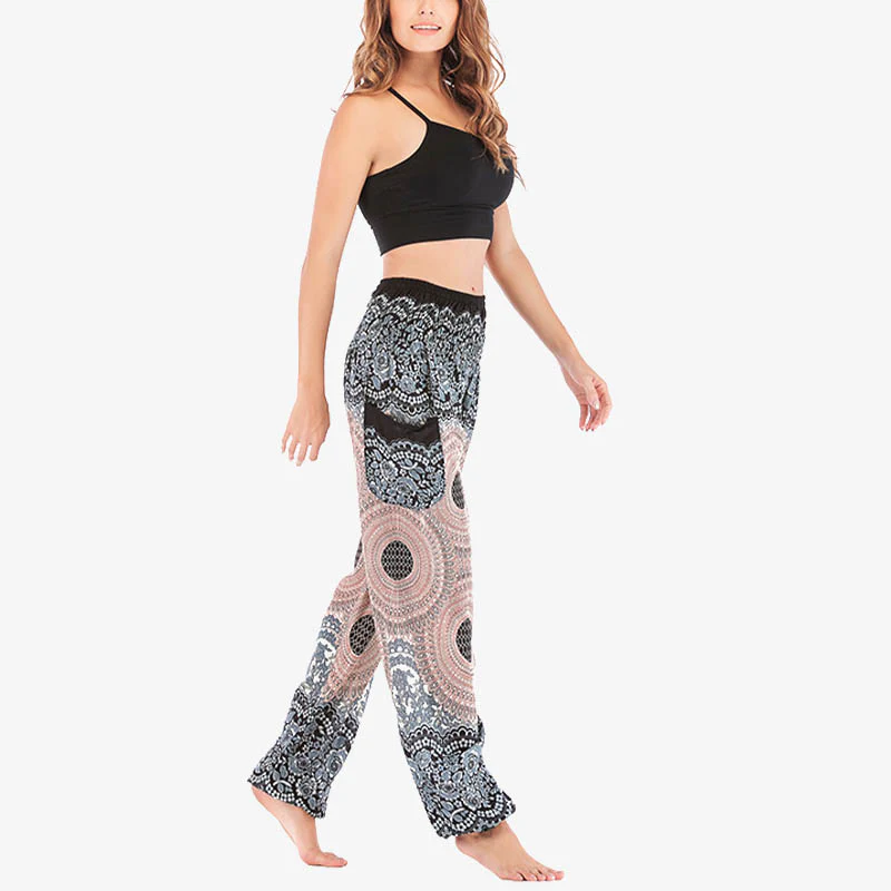 Pantaloni harem casual larghi con motivo geometrico rotondo Buddha Stones, pantaloni da yoga da donna a vita alta - Image 12