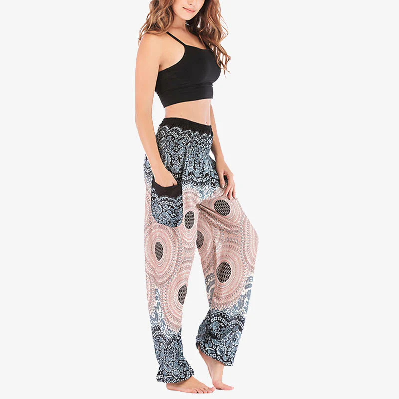 Pantaloni harem casual larghi con motivo geometrico rotondo Buddha Stones, pantaloni da yoga da donna a vita alta - Image 15