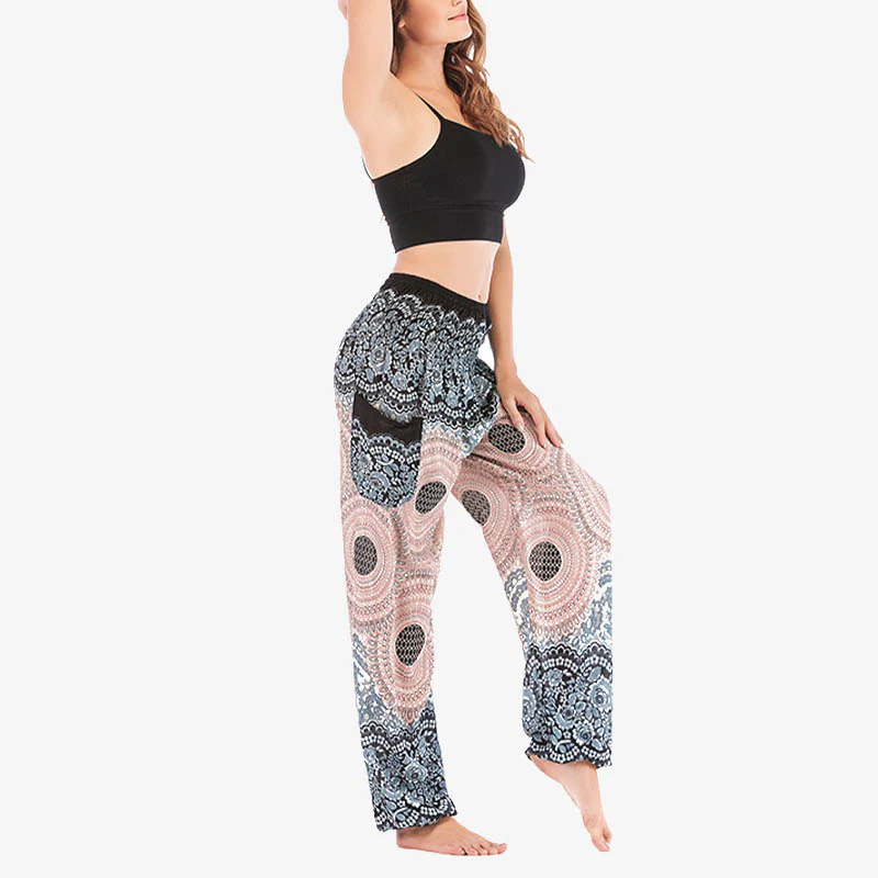 Pantaloni harem casual larghi con motivo geometrico rotondo Buddha Stones, pantaloni da yoga da donna a vita alta - Image 16