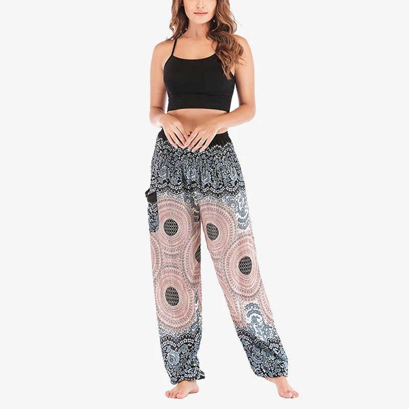 Pantaloni harem casual larghi con motivo geometrico rotondo Buddha Stones, pantaloni da yoga da donna a vita alta - Image 17