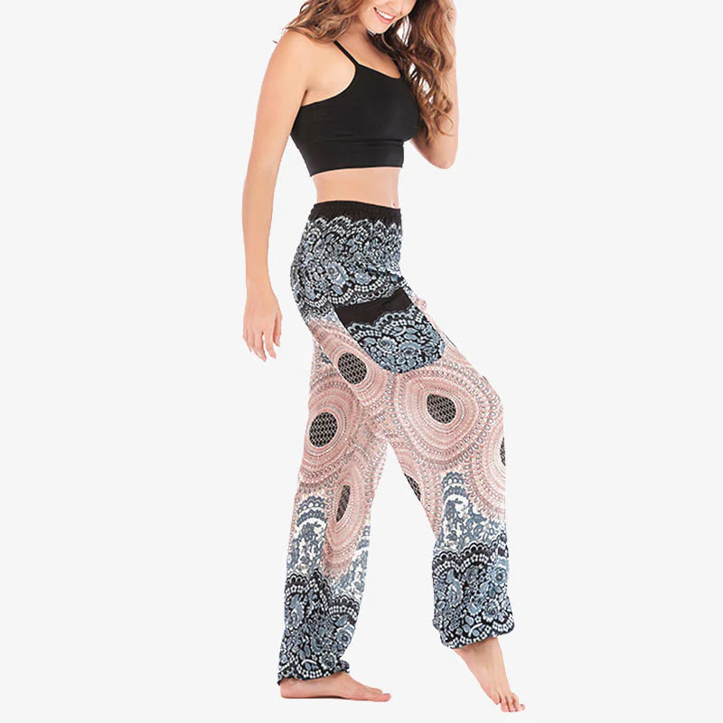 Pantaloni harem casual larghi con motivo geometrico rotondo Buddha Stones, pantaloni da yoga da donna a vita alta - Image 18