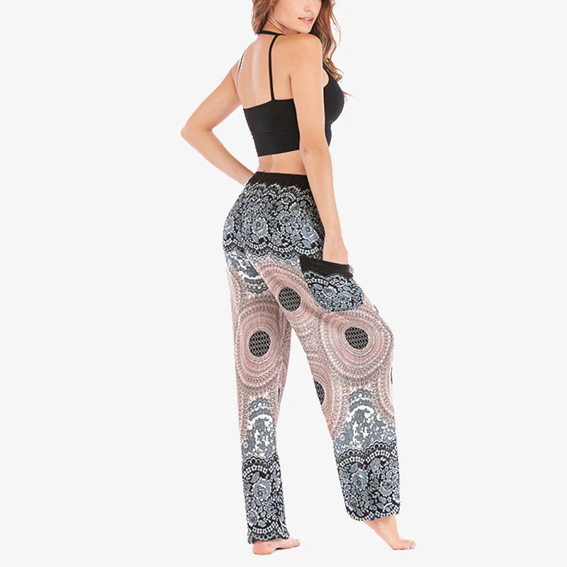 Pantaloni harem casual larghi con motivo geometrico rotondo Buddha Stones, pantaloni da yoga da donna a vita alta - Image 19