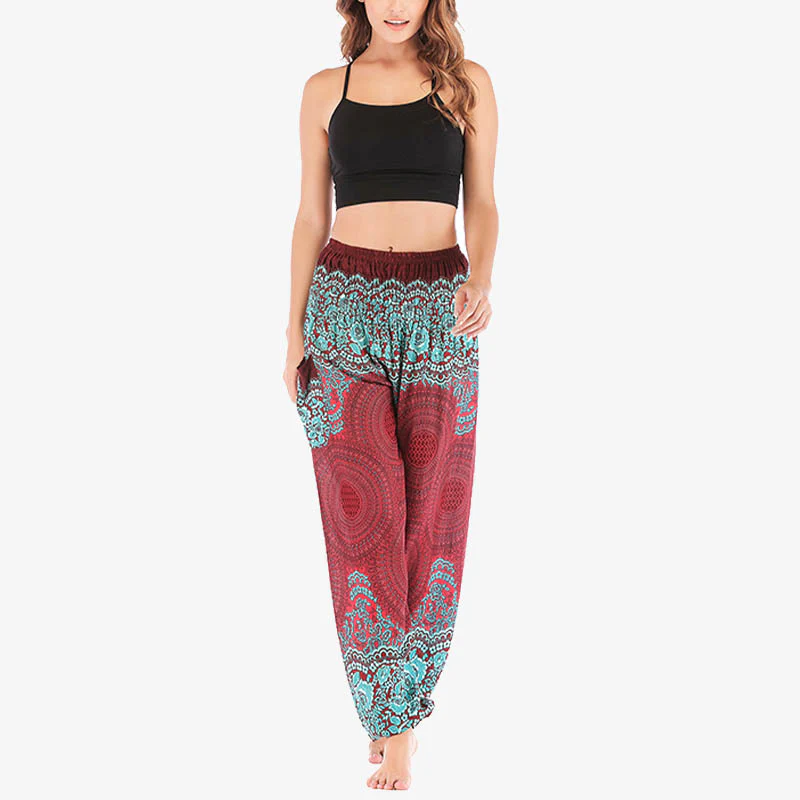 Pantaloni harem casual larghi con motivo geometrico rotondo Buddha Stones, pantaloni da yoga da donna a vita alta - Image 2