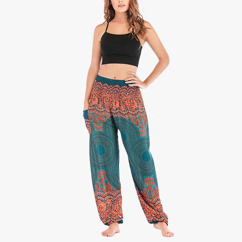 Pantaloni harem casual larghi con motivo geometrico rotondo Buddha Stones, pantaloni da yoga da donna a vita alta - Image 21