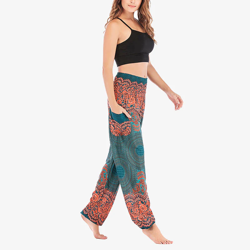 Pantaloni harem casual larghi con motivo geometrico rotondo Buddha Stones, pantaloni da yoga da donna a vita alta - Image 22
