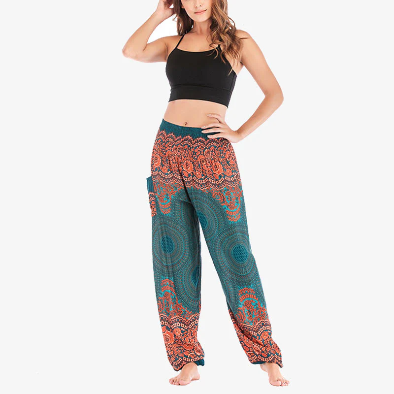 Pantaloni harem casual larghi con motivo geometrico rotondo Buddha Stones, pantaloni da yoga da donna a vita alta - Image 25