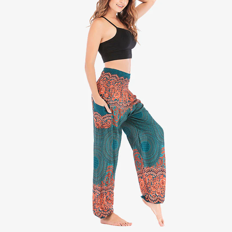 Pantaloni harem casual larghi con motivo geometrico rotondo Buddha Stones, pantaloni da yoga da donna a vita alta - Image 27