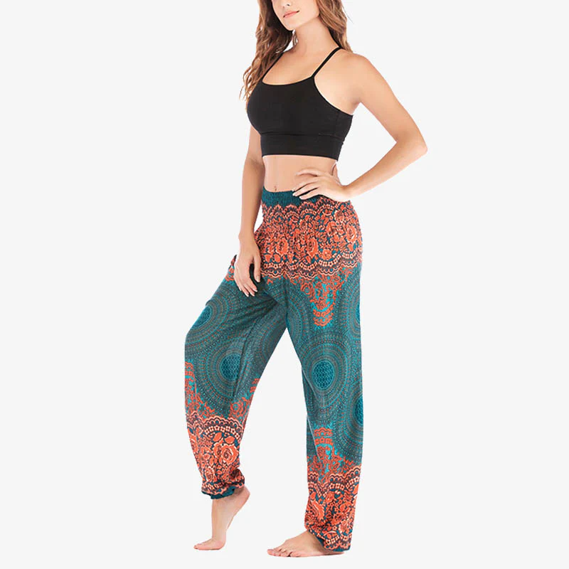 Pantaloni harem casual larghi con motivo geometrico rotondo Buddha Stones, pantaloni da yoga da donna a vita alta - Image 29