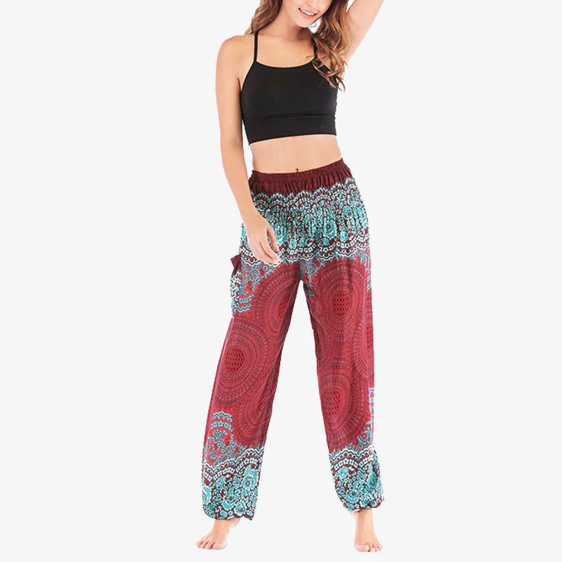 Pantaloni harem casual larghi con motivo geometrico rotondo Buddha Stones, pantaloni da yoga da donna a vita alta - Image 3