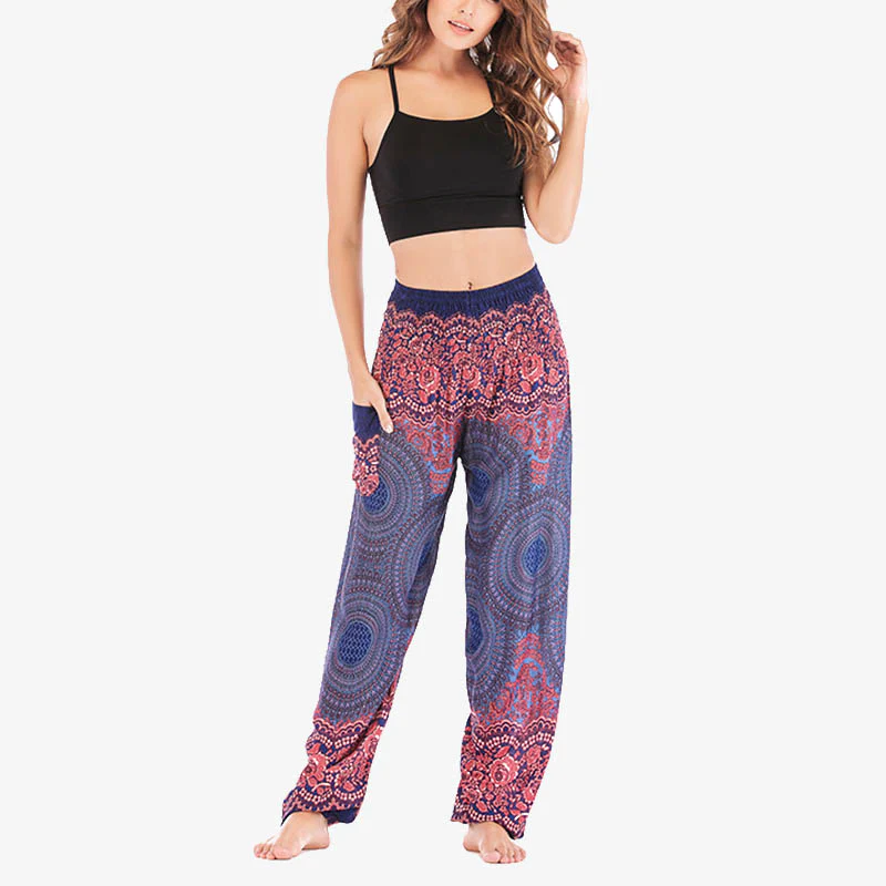 Pantaloni harem casual larghi con motivo geometrico rotondo Buddha Stones, pantaloni da yoga da donna a vita alta - Image 31