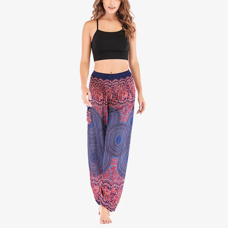 Pantaloni harem casual larghi con motivo geometrico rotondo Buddha Stones, pantaloni da yoga da donna a vita alta - Image 32