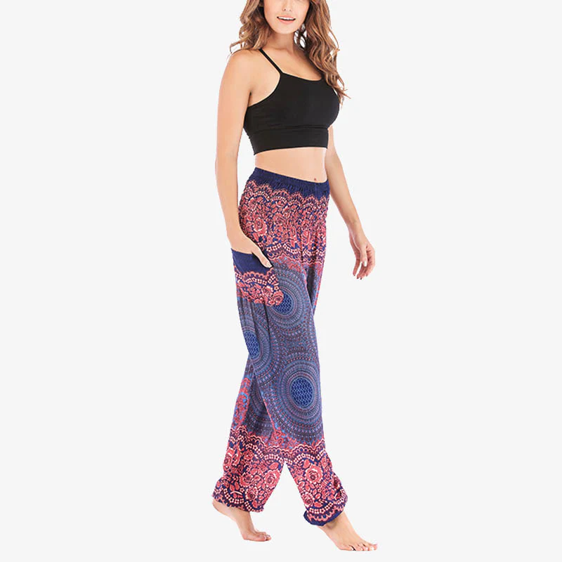 Pantaloni harem casual larghi con motivo geometrico rotondo Buddha Stones, pantaloni da yoga da donna a vita alta - Image 33