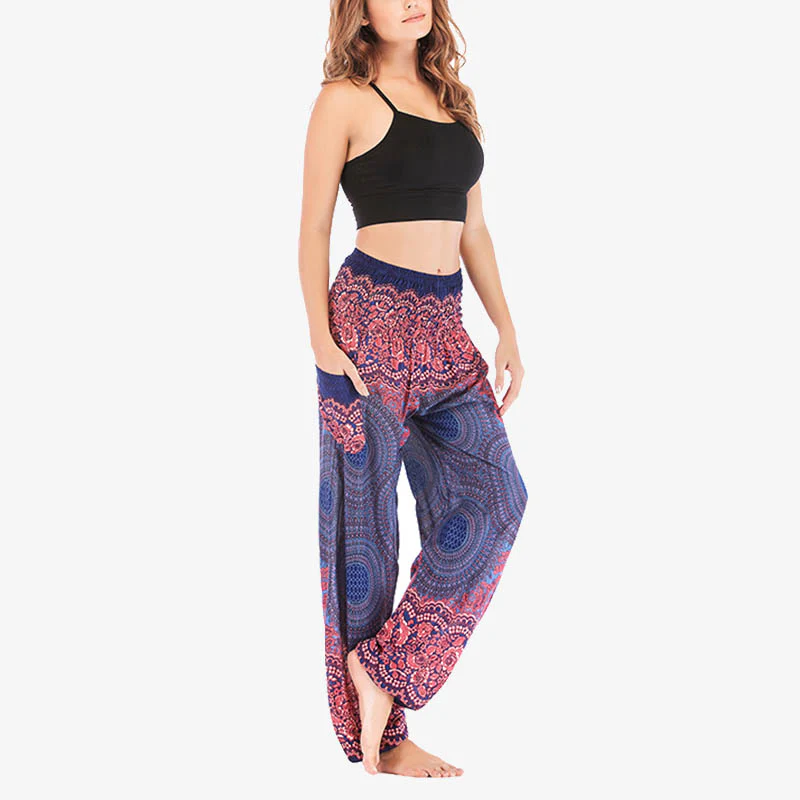 Pantaloni harem casual larghi con motivo geometrico rotondo Buddha Stones, pantaloni da yoga da donna a vita alta - Image 35