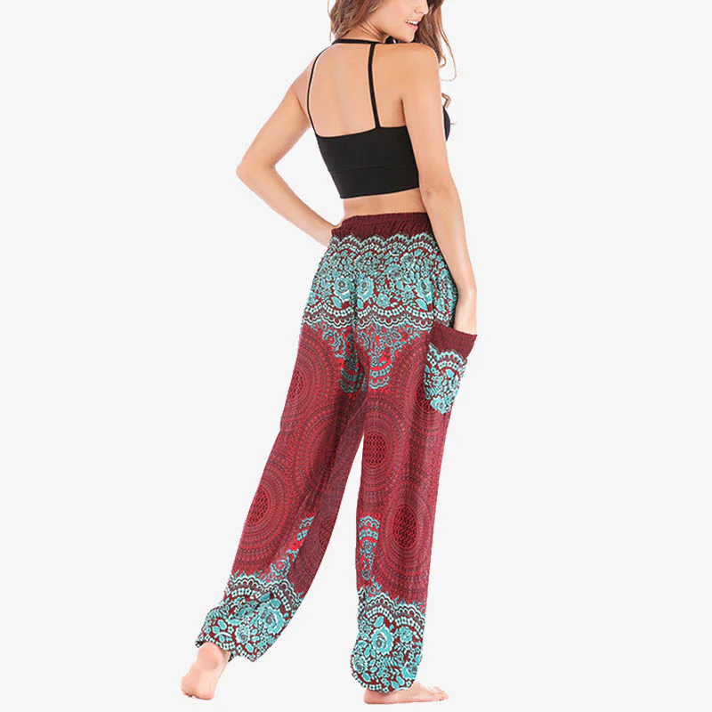 Pantaloni harem casual larghi con motivo geometrico rotondo Buddha Stones, pantaloni da yoga da donna a vita alta - Image 4