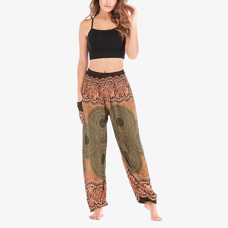 Pantaloni harem casual larghi con motivo geometrico rotondo Buddha Stones, pantaloni da yoga da donna a vita alta - Image 40