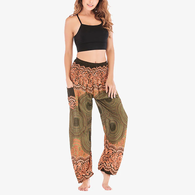 Pantaloni harem casual larghi con motivo geometrico rotondo Buddha Stones, pantaloni da yoga da donna a vita alta - Image 46