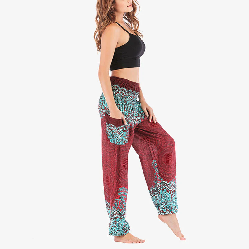 Pantaloni harem casual larghi con motivo geometrico rotondo Buddha Stones, pantaloni da yoga da donna a vita alta - Image 8