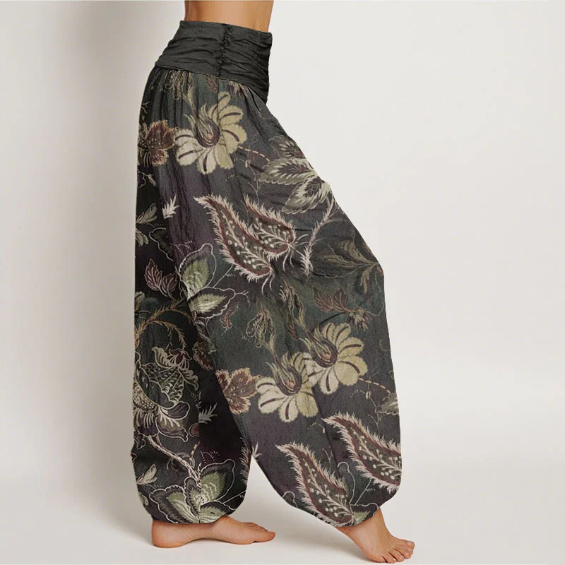 Pantaloni harem da donna con elastico in vita, in cotone, casual, con motivo floreale e foglie, motivo Buddha Stones - Image 2