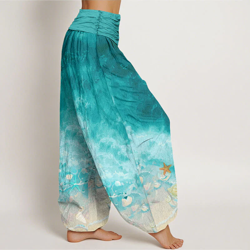 Pantaloni harem da donna con elastico in vita e motivo Buddha Stones in cotone con motivo Vast Ocean - Image 2