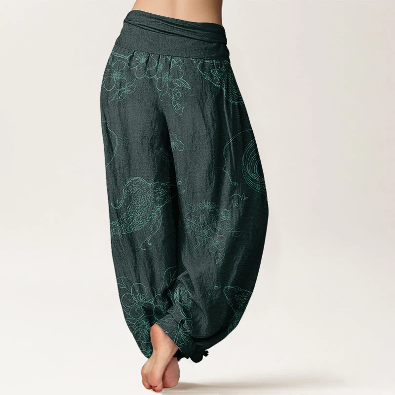 Pantaloni harem da donna con elastico in vita e motivo floreale in cotone con pesci koi Buddha Stones - Image 10