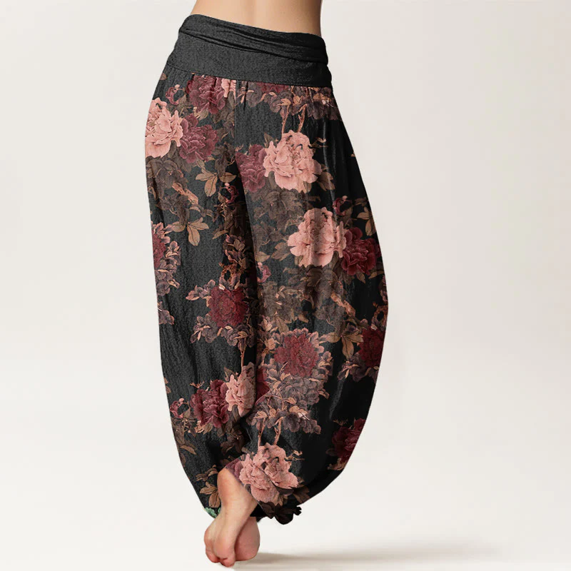 Pantaloni harem da donna con elastico in vita, in cotone, casual, con motivo a foglie e fiori di peonia lussureggianti, motivo Buddha Stones - Image 3