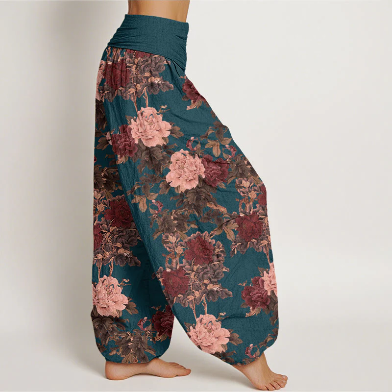 Pantaloni harem da donna con elastico in vita, in cotone, casual, con motivo a foglie e fiori di peonia lussureggianti, motivo Buddha Stones - Image 9
