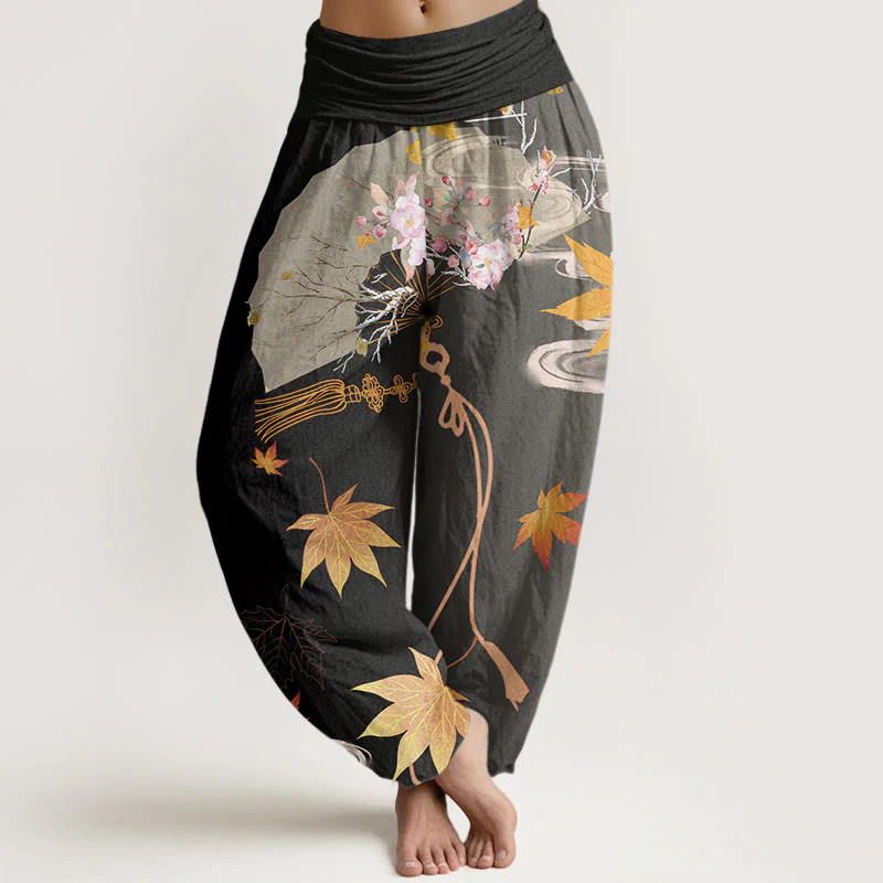 Pantaloni harem da donna con elastico in vita, modello Buddha Stones Cotton Casual Folding Fan Flowers Maple Leaves Cloud