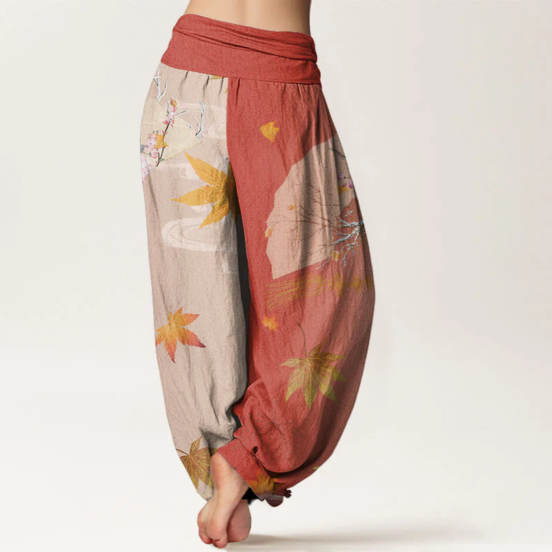 Pantaloni harem da donna con elastico in vita, modello Buddha Stones Cotton Casual Folding Fan Flowers Maple Leaves Cloud - Image 10