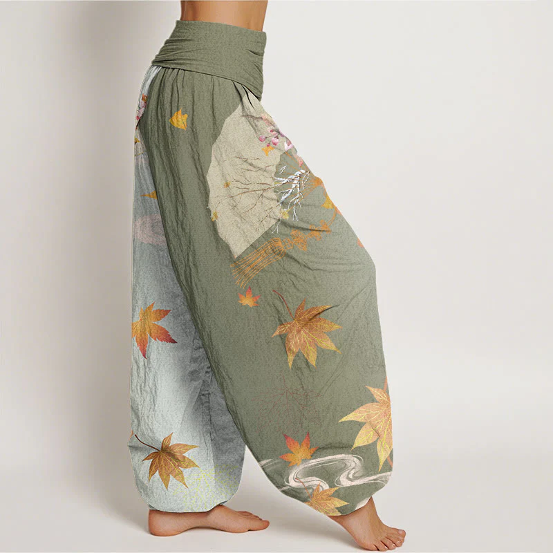 Pantaloni harem da donna con elastico in vita, modello Buddha Stones Cotton Casual Folding Fan Flowers Maple Leaves Cloud - Image 6