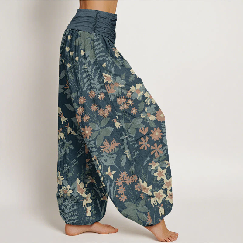 Pantaloni harem da donna con elastico in vita, in cotone, casual, con margherite, fiori e foglie, motivo Buddha Stones - Image 2
