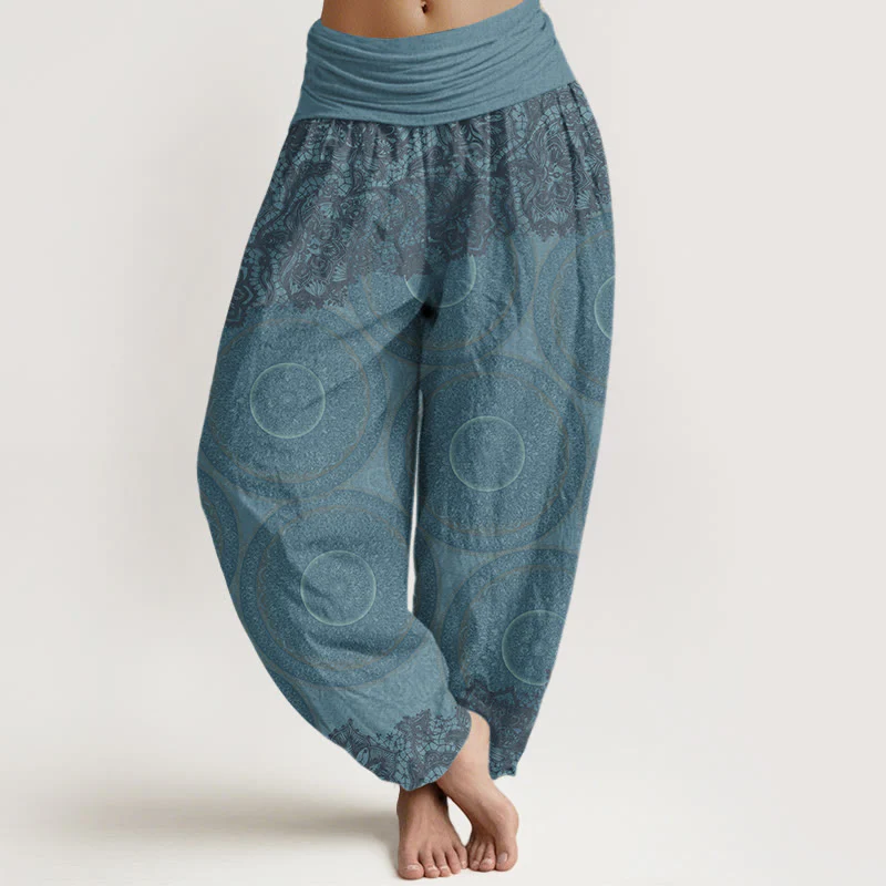 Pantaloni harem da donna con elastico in vita, in cotone, casual, con fiori e bussola, motivo Buddha Stones