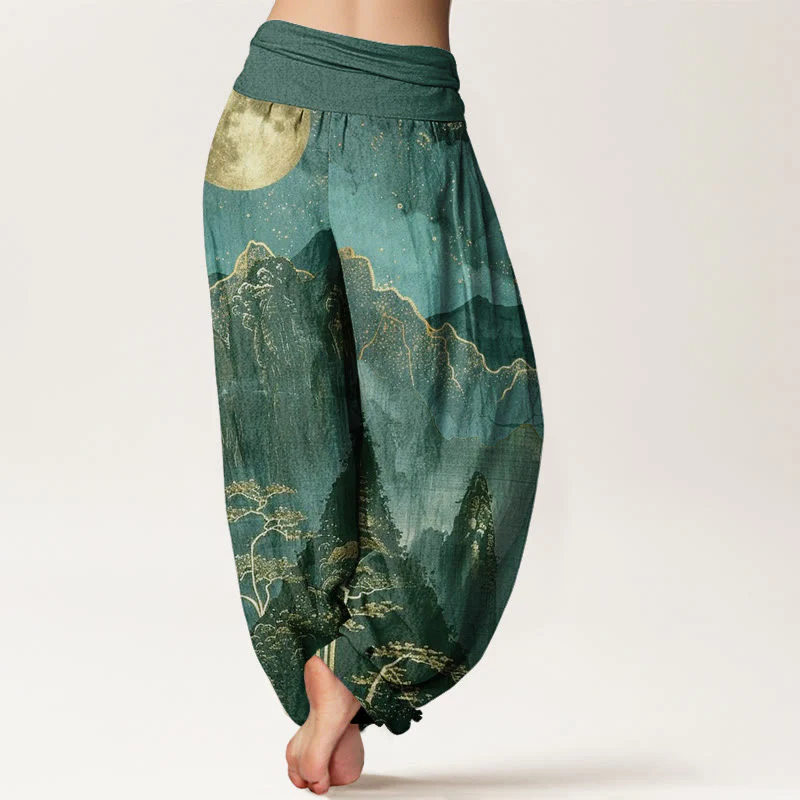 Buddha Stones harem da donna con elastico in vita, in cotone, casual, motivo: luna piena, montagne, alberi e fiume - Image 10
