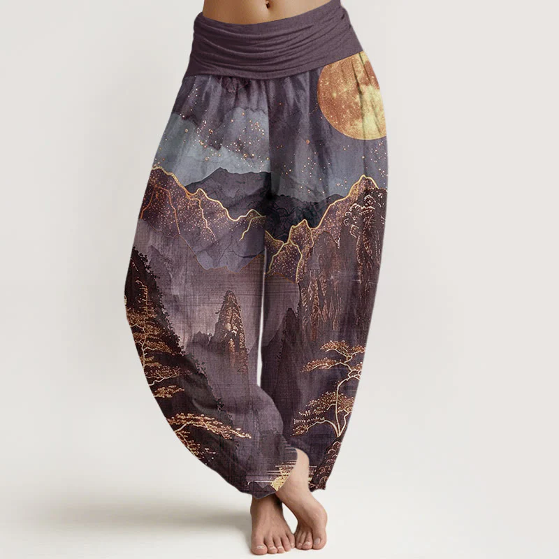 Buddha Stones harem da donna con elastico in vita, in cotone, casual, motivo: luna piena, montagne, alberi e fiume - Image 5