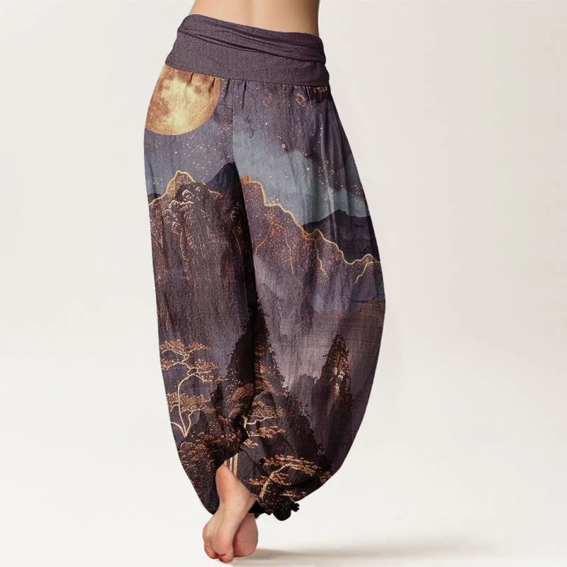 Buddha Stones harem da donna con elastico in vita, in cotone, casual, motivo: luna piena, montagne, alberi e fiume - Image 7
