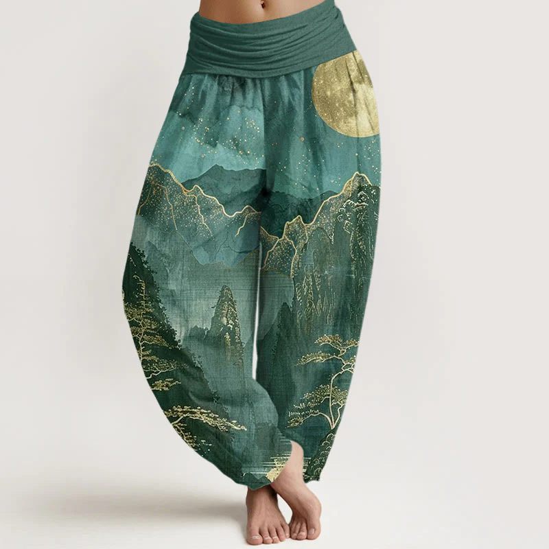 Buddha Stones harem da donna con elastico in vita, in cotone, casual, motivo: luna piena, montagne, alberi e fiume - Image 8