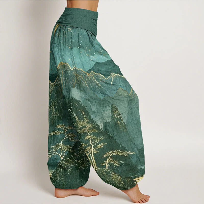 Buddha Stones harem da donna con elastico in vita, in cotone, casual, motivo: luna piena, montagne, alberi e fiume - Image 9