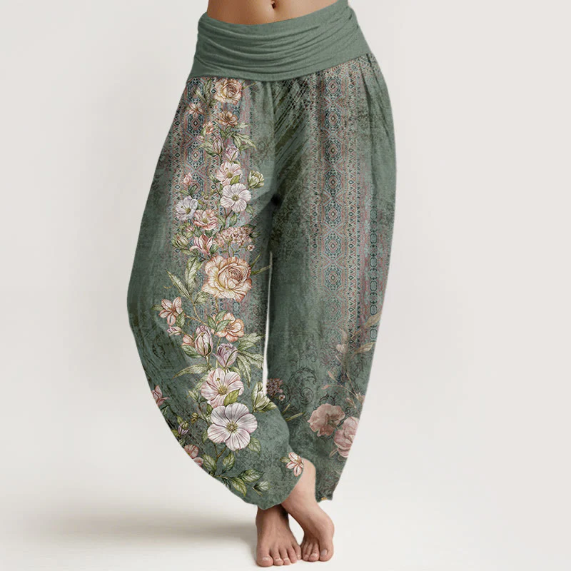 Pantaloni harem da donna con elastico in vita, in cotone, con motivo etnico floreale e totem, motivo etnico Buddha Stones