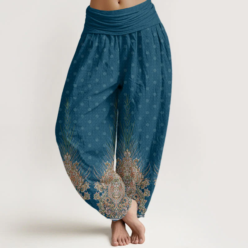 Pantaloni harem da donna con elastico in vita, in cotone, con motivo etnico a pavone e floreale, motivo Buddha Stones