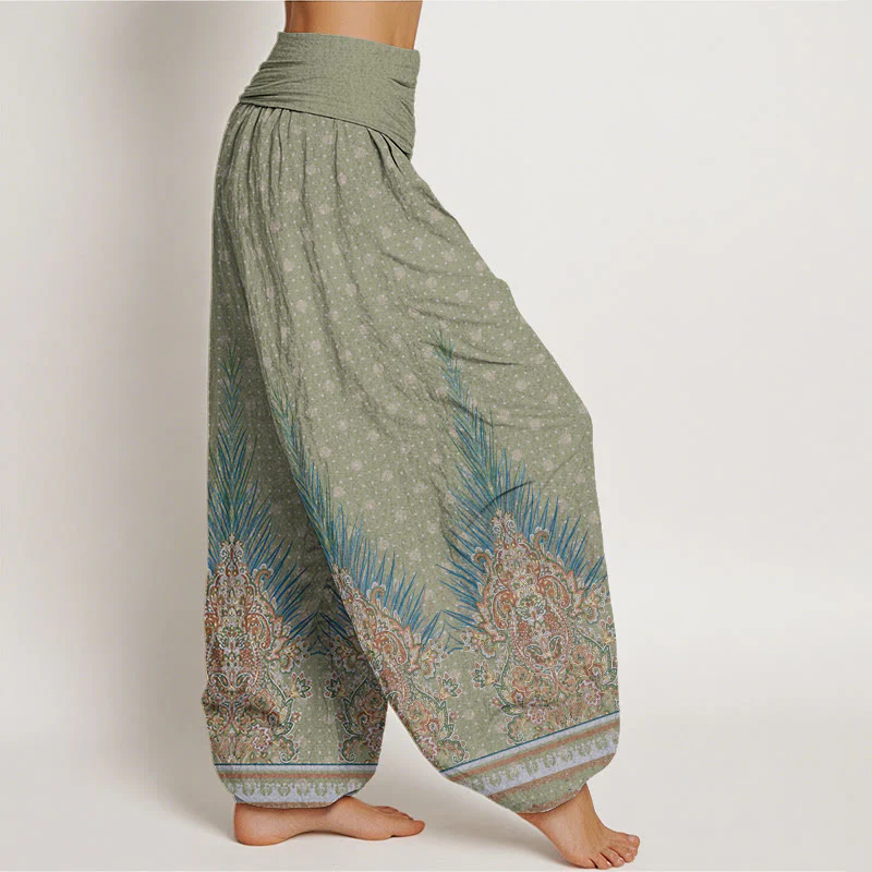 Pantaloni harem da donna con elastico in vita, in cotone, con motivo etnico a pavone e floreale, motivo Buddha Stones - Image 7